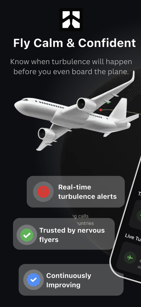 MyPilot: Turbulence Forecast - Pantalla de la aplicación MyPilot que muestra un avión y funciones para volar con calma con alertas de turbulencias en tiempo real