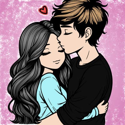 a realistic couple boy and girl hugging and kissing