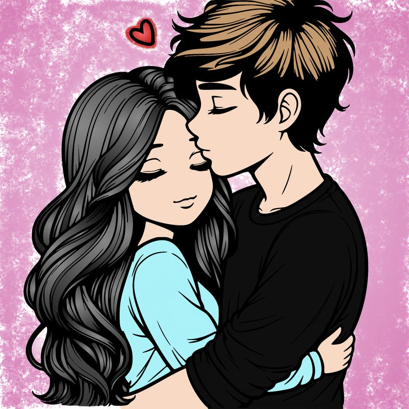 a realistic couple boy and girl hugging and kissing