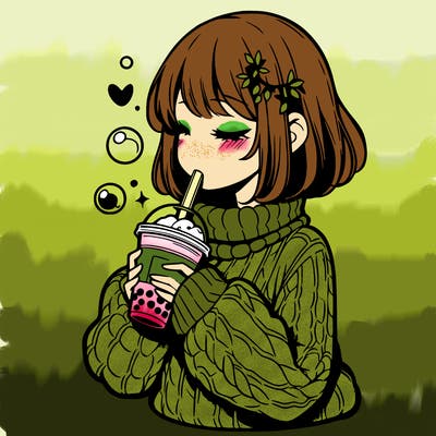 manga girl drinking boba in cozy sweater