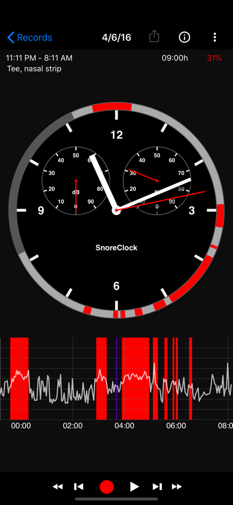 SnoreClock - Do you snore? - Interface de l'application SnoreClock montrant un cadran d'horloge et un graphique d'ondes sonores avec des mises en évidence rouges indiquant des événements de ronflement pendant la nuit