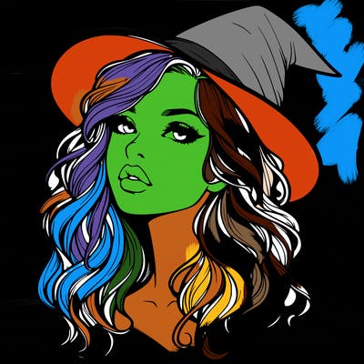 realistic witch girl with wavy hair and lips