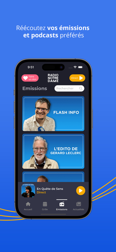 Radio Notre Dame app exibindo uma lista de podcasts religiosos e de notícias em francês