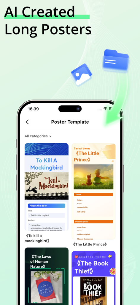 Tela do aplicativo EdrawMind mostrando vários modelos de pôsteres longos gerados por IA para livros em um smartphone.