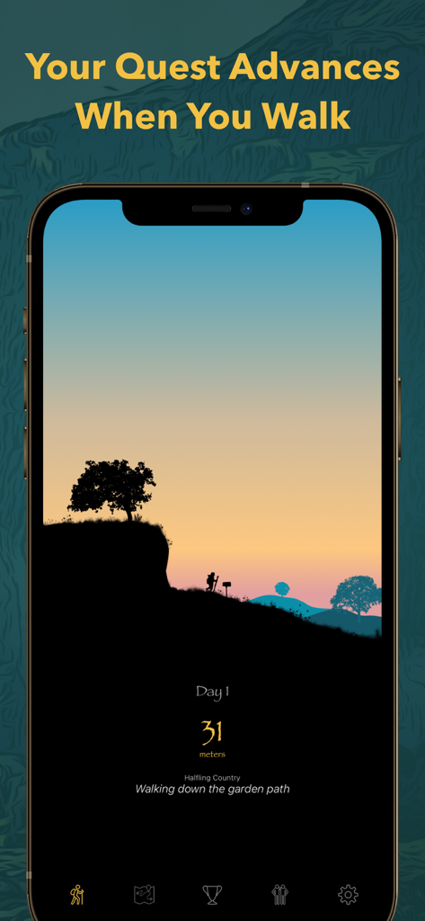Fantasy Hike - ファンタジーの風景の中にキャラクターのシルエットがあるウォーキングクエストの進捗状況を示すFantasy Hikeアプリのインターフェース。