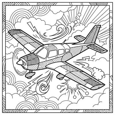 Take flight with this dynamic Pop Art light aircraft coloring page, bursting with energy and bold comic-style designs. Dive into a world of vibrant imagination as you bring this exciting airplane scene to life with your favorite colors.