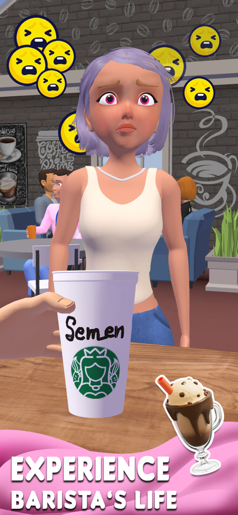 Perfect Coffee 3D - Schermata del gioco di simulazione di barista che mostra un personaggio che reagisce a un ordine di caffè personalizzato