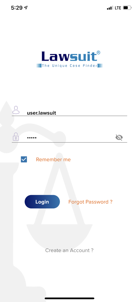 Lawsuit The Unique Case Finder - Login screen of the Lawsuit legal research mobile application.