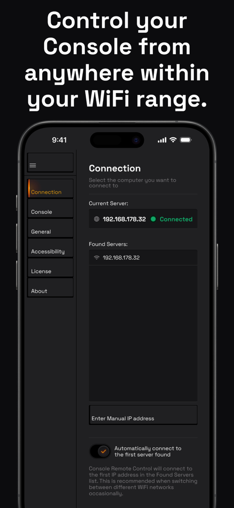 Console Remote Control - WiFi connection setup screen of the Console Remote Control music app on an iPhone