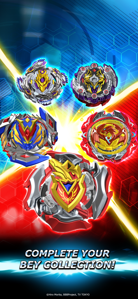 Cinco coloridas peonzas Beyblade mostradas con el texto Completa tu Colección Bey