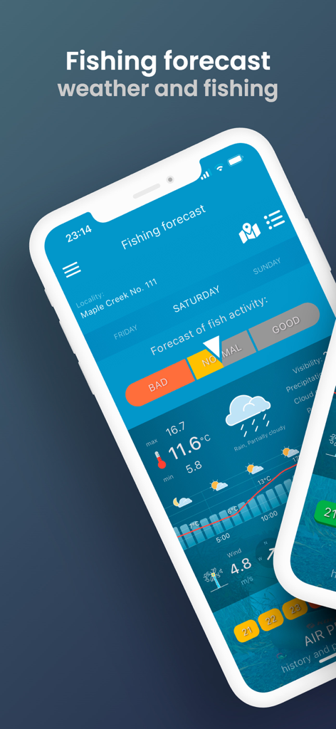 Fishing Forecast mobile app interface showing fish biting activity level and weather data