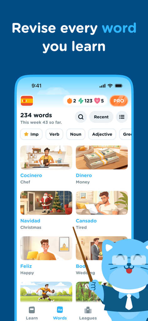 Airlearn - Language Learning - Airlearn app screen showing a grid of Spanish vocabulary flashcards with illustrations and categories
