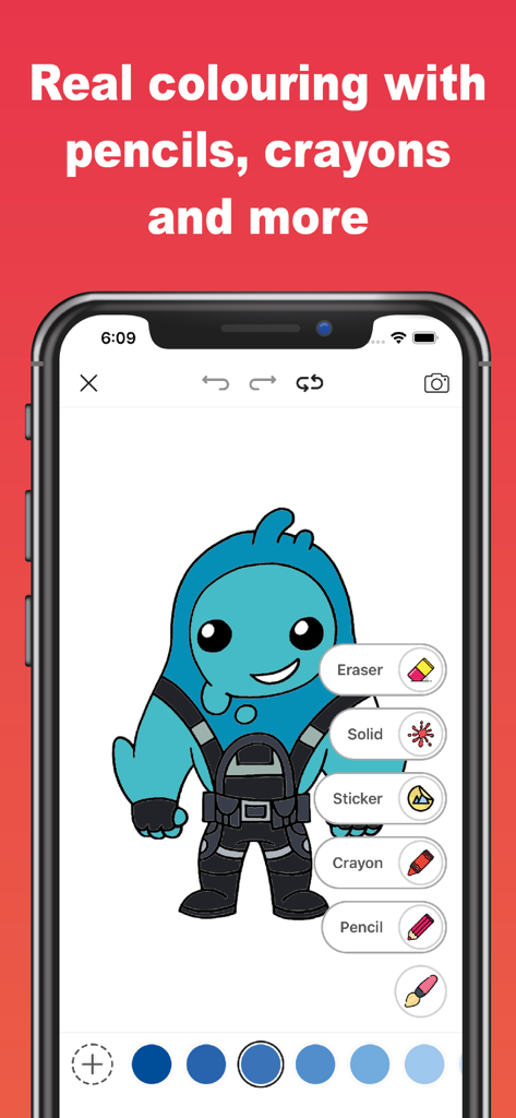 Colortnite: Nite Coloring Game - Interface móvel do aplicativo Colortnite mostrando um personagem azul sendo colorido com várias ferramentas
