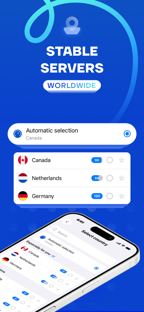 Interface do aplicativo SplitVPN mostrando uma lista de servidores mundiais estáveis e opção de seleção automática