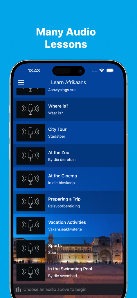 List of Afrikaans audio lessons for daily conversations and travel