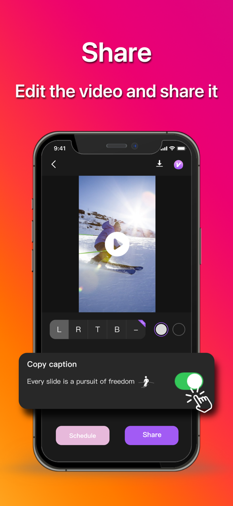 ClipKeep - Instant Save & Edit - ClipKeep app interface showing video editing options with share and schedule buttons