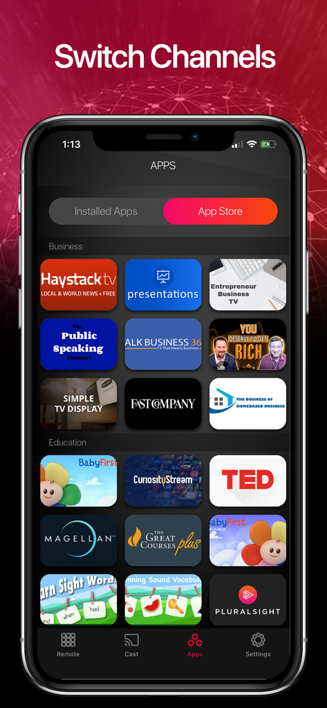 Smart Remote - Fire TV Stick - Fire TV用のビジネスおよび教育アプリのグリッドが表示されたチャンネル切り替え機能を示すモバイルアプリインターフェース。