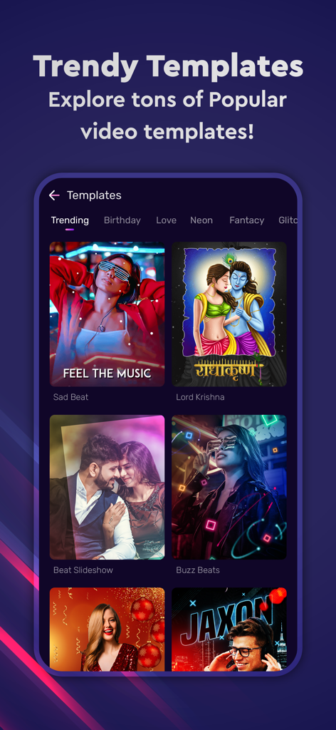Photo to Video Maker With Song - A mobile app screen showing various trendy video templates for creating music videos from photos.