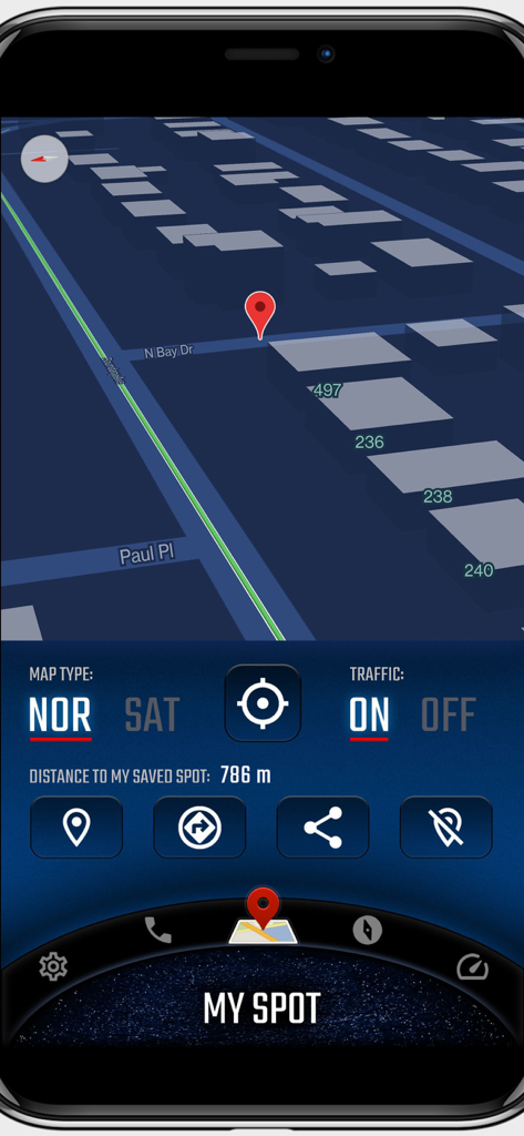 Digital Cockpit - CARID - Digital Cockpit CARID map interface showing 3D view and saved spot tracking
