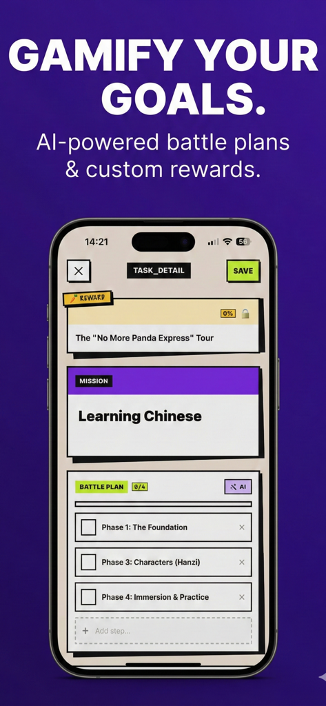 Interface of ADHD OS showing a gamified task detail screen with an AI-powered battle plan and custom rewards for learning Chinese.