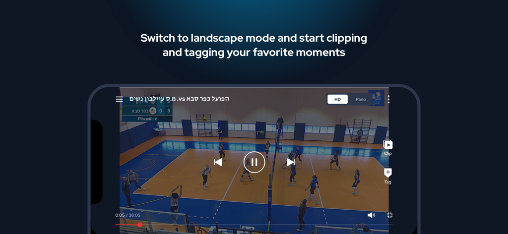 Israel Volleyball TV - Smartphone mostrando un partido de voleibol en vivo en modo horizontal con controles de reproducción de video.