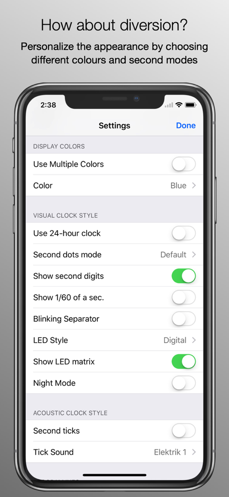 Atomic Clock (Gorgy Timing) - Interfaz de configuración de la aplicación Reloj Atómico que muestra varias opciones de personalización para colores y estilos de reloj visuales