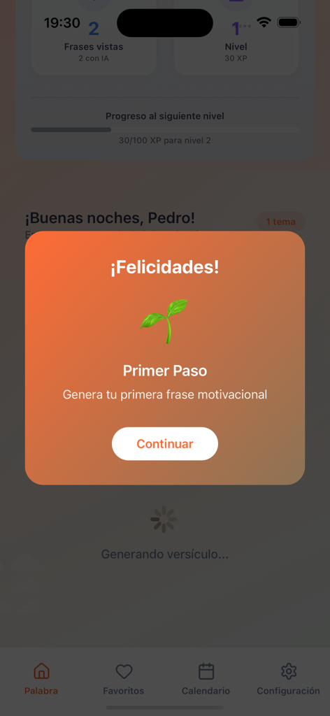 Versículos Diarios Cristianos - Mensaje de felicitaciones por el primer paso en la aplicacion Versiculos Diarios Cristianos