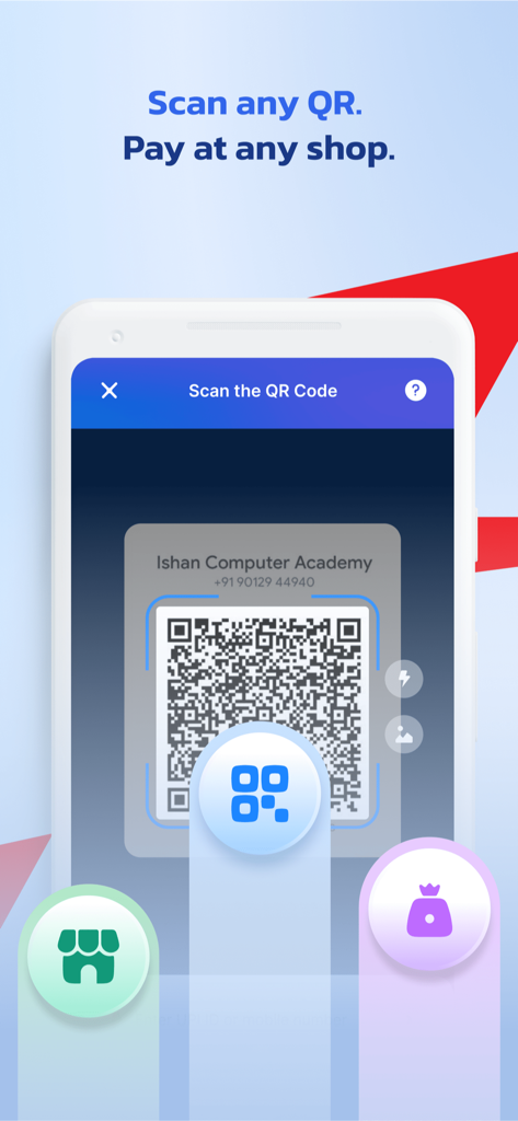 Smartphone screen of PayZapp app showing the scan QR code feature for UPI payments