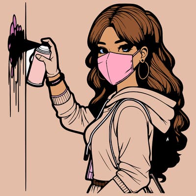 realistic girl with mask spray painting a wall