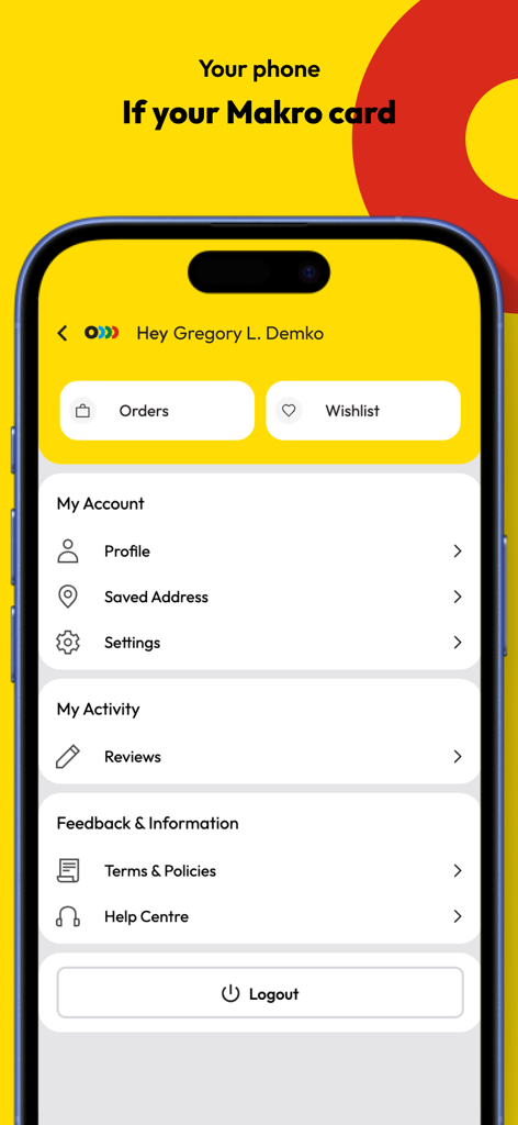 Makro Online Shopping - The account dashboard of the Makro app for managing profile details and orders
