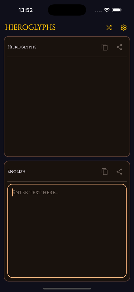 Una interfaz de aplicación móvil para la traducción de jeroglíficos a inglés con un tema oscuro de papiro.