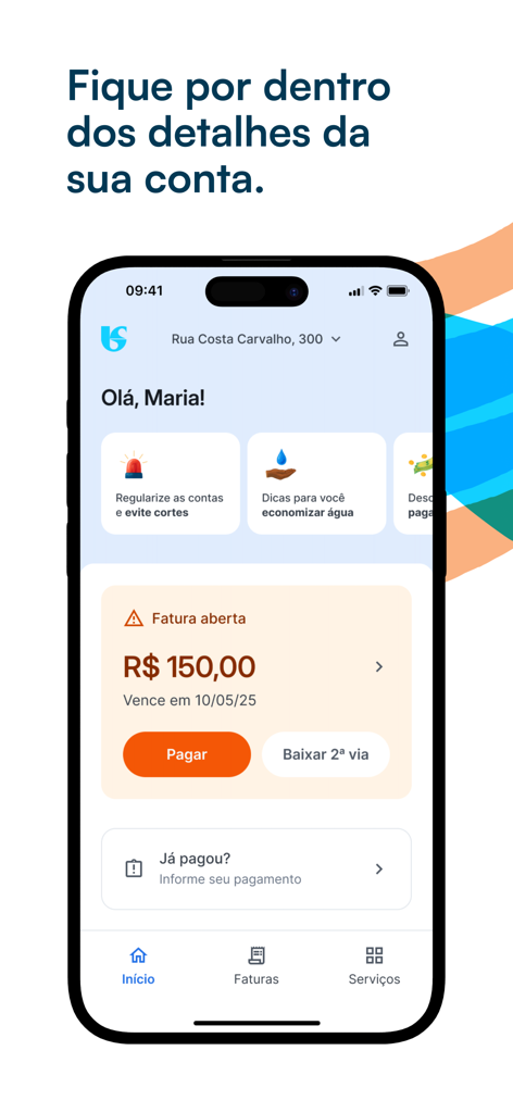 Sabesp Mobile app interface showing a pending water bill and options to pay or download a second copy.