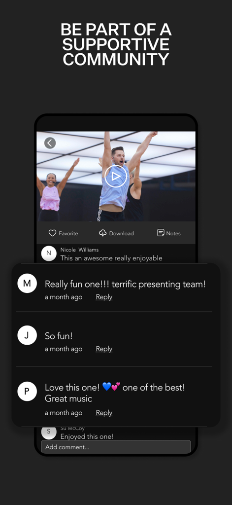 Interface of the LES MILLS+ app showing user comments and a fitness video under the heading Be Part of a Supportive Community.