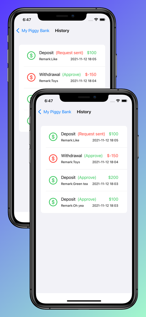 Family Piggy Bank - Captura de pantalla de la aplicación Hucha Familiar que muestra un historial de transacciones digitales de depósitos y retiros para niños.