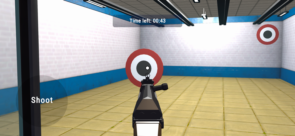 Gun Shop Simulator 3D Shooting - First person view of an indoor shooting range with a rifle aiming at a target.