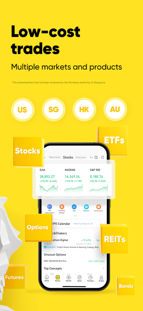 Tiger Trade: Invest Globally - Tiger Trade app interface displaying global market indices and investment options like stocks, ETFs, and options on a yellow background.