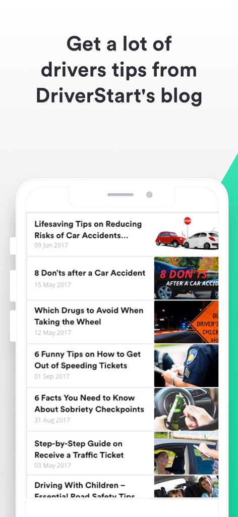 Mobile screen of the DMV Driving Test app displaying a list of driving safety blog articles and tips