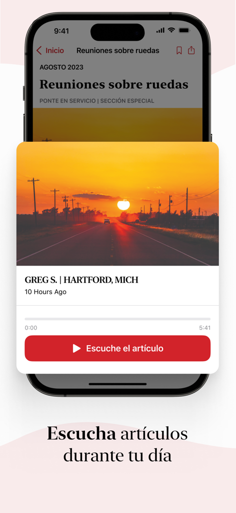 AA La Viña - AA La Vina Mobile App, die eine Funktion zum Anhören spanischsprachiger Genesungsartikel während des Tages anzeigt