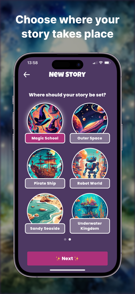 Magic Bookshelf: AI Stories - Mobile app screen for Magic Bookshelf showing story setting options like Magic School and Outer Space
