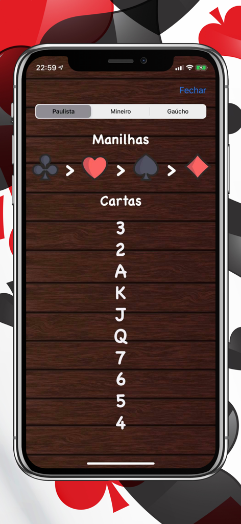 Truco Marcador • Conta Tento - Interface of Truco Marcador app showing card rankings and suit hierarchy for Paulista rules