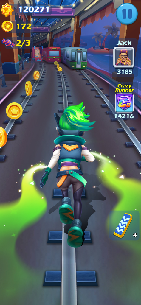 Gameplay de Subway Princess Runner mostrando un personaje con cabello verde corriendo por las vías y recogiendo monedas.