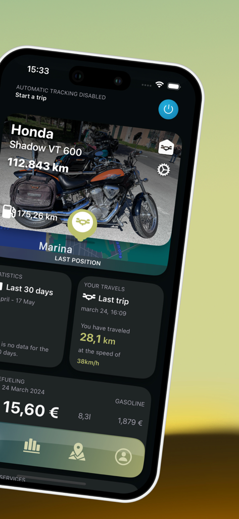 Ride Log: Motorcycle Tracker - Painel do aplicativo Ride Log mostrando o rastreamento de viagens de manutenção de motocicleta e registros de combustível