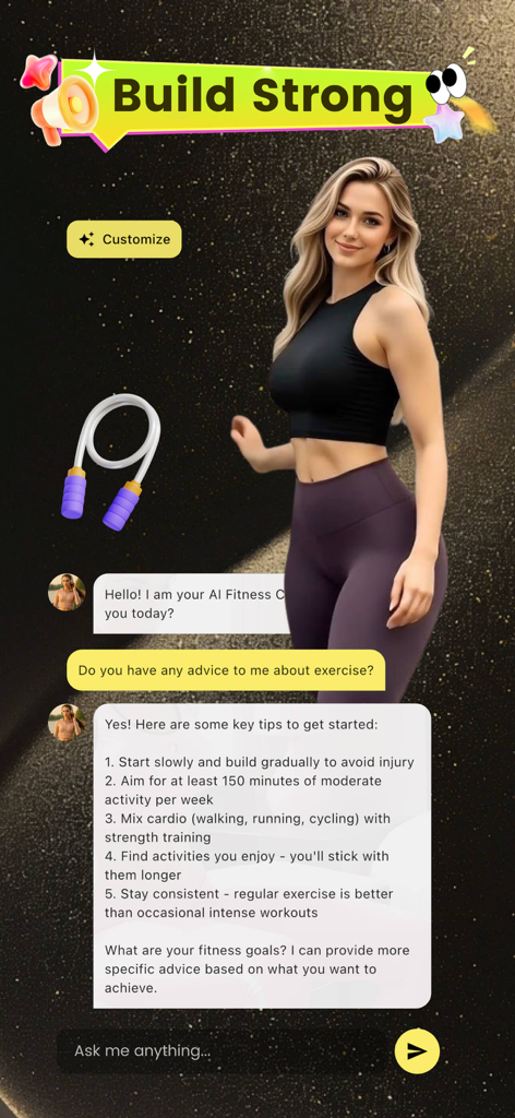 A screenshot of the Prata app showing an AI fitness coach providing exercise tips in a chat interface