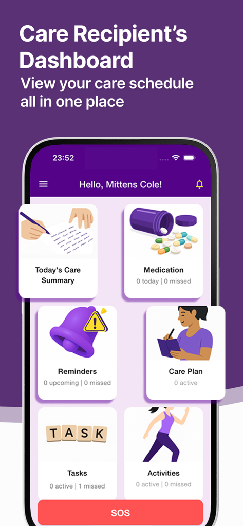 My Virtual Carer - Care App - Care recipient dashboard in the My Virtual Carer app showing sections for medication reminders and daily tasks