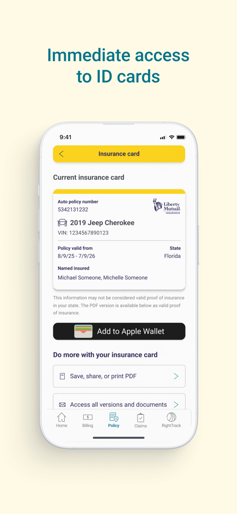 Liberty Mutual app screen showing a digital insurance card with an option to add to Apple Wallet