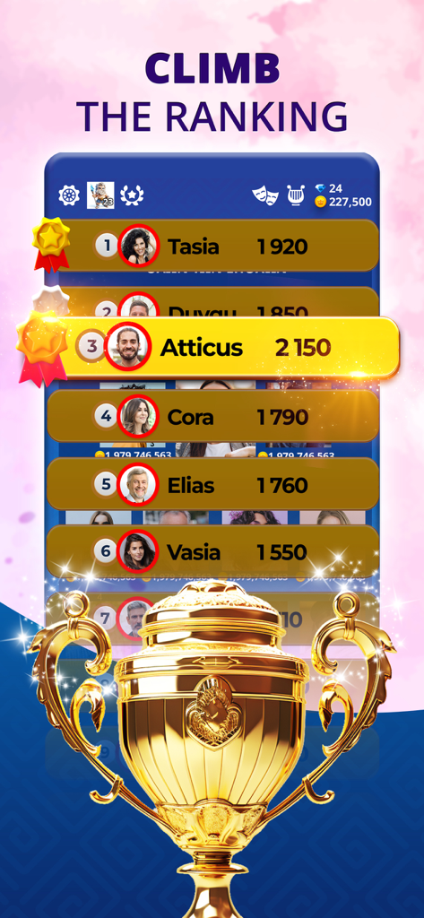 Opa.GR: Tavli, Tichu, Ludo - Rangliste der Opa.GR Handy-App, die wettbewerbsorientierte Spieler-Rankings und eine goldene Trophäe zeigt