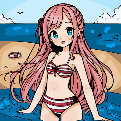 anime girl with swimsuit on beach