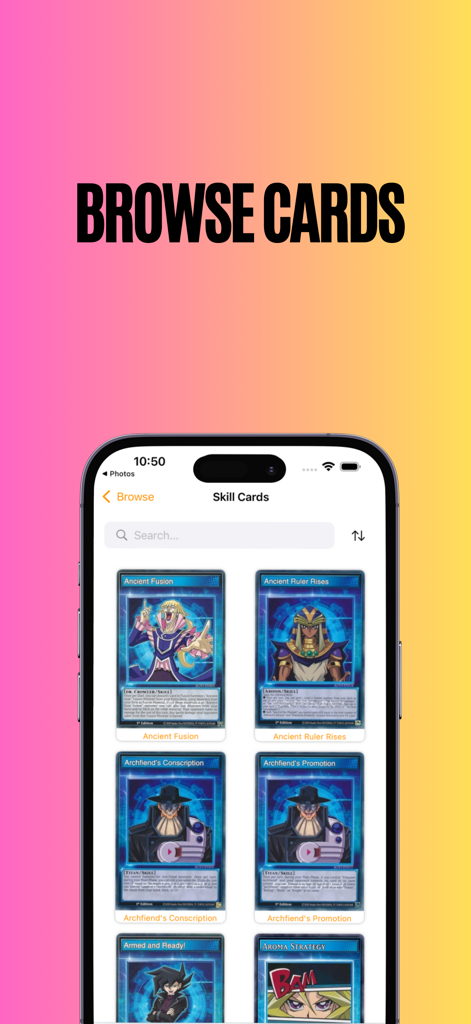 Card AI Scanner For YuGiOh - Mobile app screenshot showing the browse cards feature with a gallery of Yu-Gi-Oh skill cards