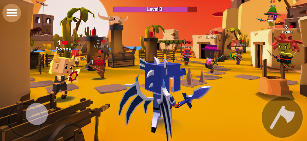 AXES.io – Battle Royale Game - A group of low poly characters battling in a desert environment in the AXES.io mobile game.