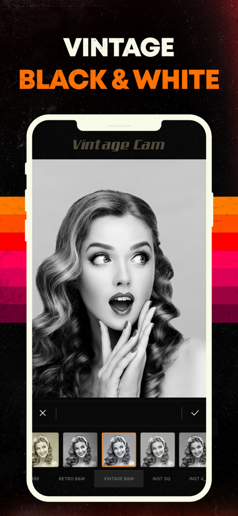 Vintage Camera app interface showing a black and white photo filter applied to a portrait